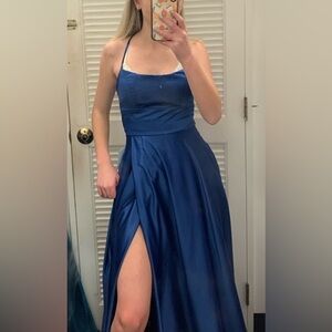 Elegant Blue Satin Gown with Slit